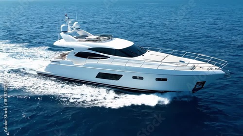 Aerial tracking top down video of luxury yacht cruising in deep blue open ocean sea