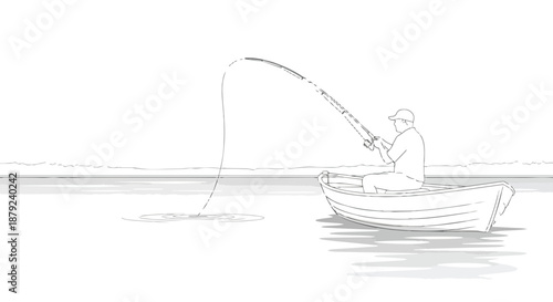 Simple line art illustration of a person fishing from a boat on calm water during daytime emphasizing tranquil outdoor leisure activities