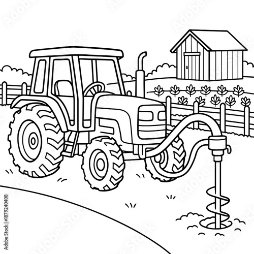 Tractor in Field: A detailed line drawing showcases a powerful tractor diligently working in a rural field setting. The scene includes a quaint barn, sturdy fence, and freshly tilled soil.