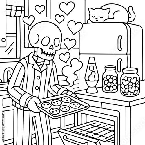 Cookie Love: A skeleton, filled with hearts and holding a tray of freshly baked cookies, finds warmth and comfort in the kitchen, a gentle cat rests on the refrigerator, offering a cute touch. 