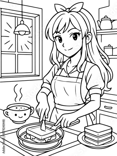 Homemade Culinary Creation: A captivating illustration that showcases a woman creating a homemade sandwich with a radiant kitchen scene, celebrating the simple joys of home-cooked meals.