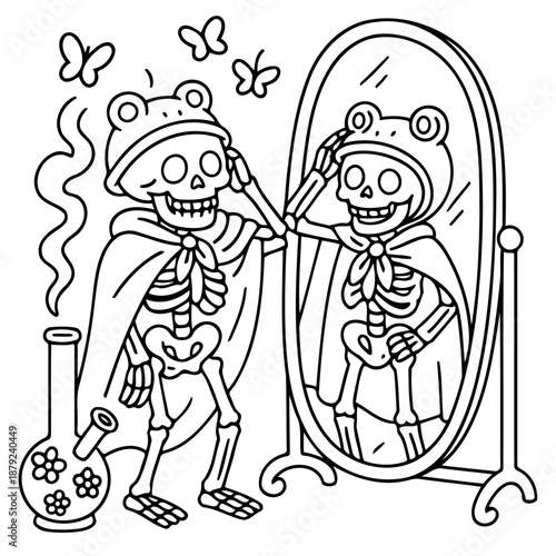 Skeletal Reflection: A whimsical skeletal figure, adorned in a frog-themed costume, gazes at its mirror reflection, accompanied by fluttering butterflies, creating a lighthearted scene.