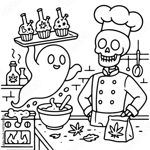 Ghostly Bake-Off: A playful, whimsical illustration showcases a skeleton chef and a ghostly companion engaged in a fun, culinary creation.