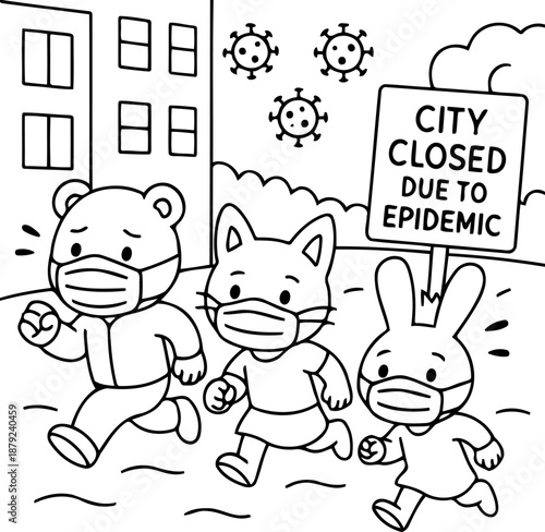 Pandemic Run: Animals navigate a city lockdown. Bears, cats, and rabbits wearing protective masks run in fear from the pandemic and city close.