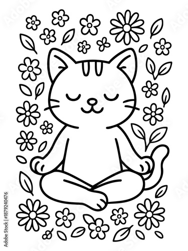 Calm Kitty in Floral Embrace: A serene cartoon cat practices meditation amidst a garden of flowers and leaves, creating a tranquil scene of relaxation and inner peace.