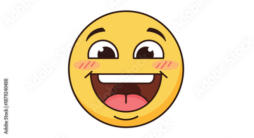 Joyful animated emoticon expressing excitement and happiness with a wide open mouth showing a cheerful grin and bright eyes conveying pure joy and