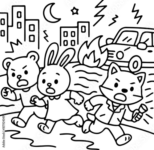 Animals escaping a fire: An illustration of a bear, a bunny and a fox running from a fire in a town at night
