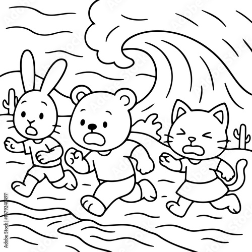 The Great Wave of Worry: In the face of a towering wave, three cartoon animals exhibit a range of emotions as they run toward safety. This image is perfect for coloring, representing themes of fear.