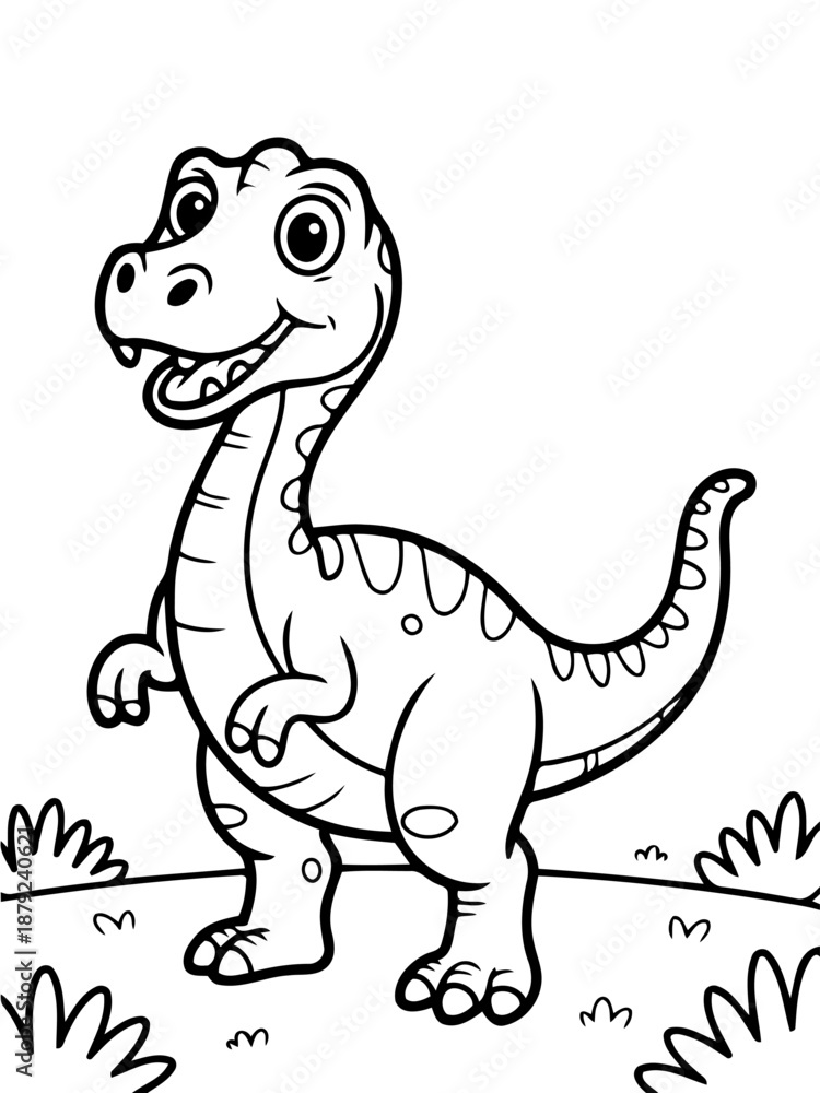 Fototapeta premium Happy cartoon Dinosaur: A joyful dinosaur character stands ready. The image can be used for coloring activity.