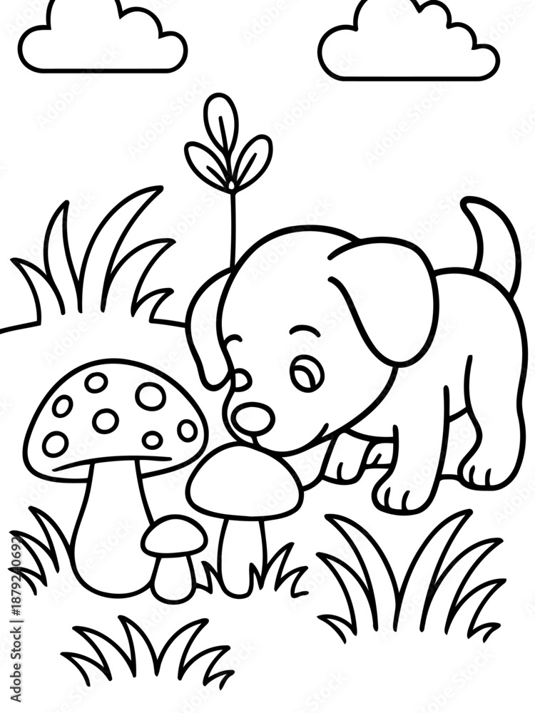 Obraz premium Cute Puppy's Forest Adventure: A line art illustration depicts an adorable puppy in a whimsical forest setting, interacting with mushrooms. Capture the endearing innocence of the young puppy.