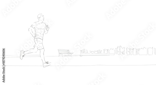 Minimalist Line Drawing of a Man Running Along a Cityscape with a Wide Horizon