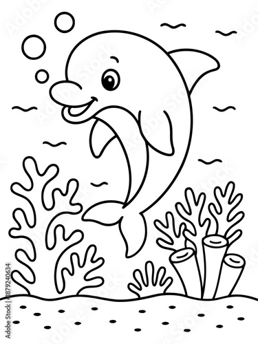 Smiling Dolphin in Ocean: A joyful dolphin frolics in its oceanic home, its friendly face and playful presence. The scene is brimming with life and color.