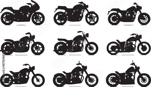 Collection of nine distinct motorcycle silhouettes against a white background