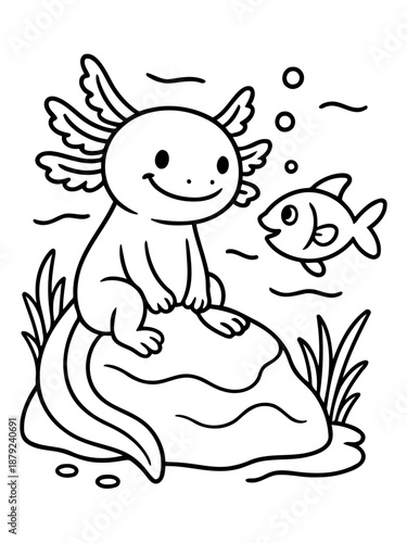 Axolotl and Fish Undersea Illustration: An adorable axolotl is sitting comfortably on a stone near fish in their underwater home. Peaceful marine life