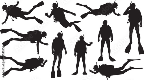 Diverse silhouettes of scuba divers in various poses against a white background