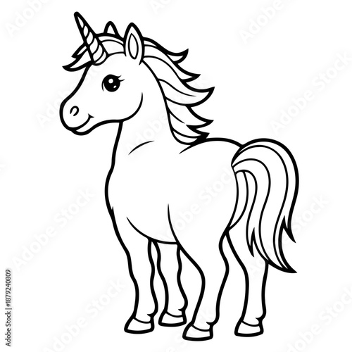 Mystical Unicorn Illustration: A majestic unicorn with a spiraled horn and flowing mane stands proud, embodying mythic elegance and fantasy.