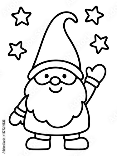Whimsical Gnome: A friendly gnome adorned with a pointy hat and a long beard, exuding a playful vibe, happily waving near a constellation of twinkling stars. 