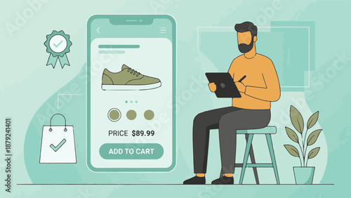 Man shopping online on smartphone, viewing sneakers in e-commerce app