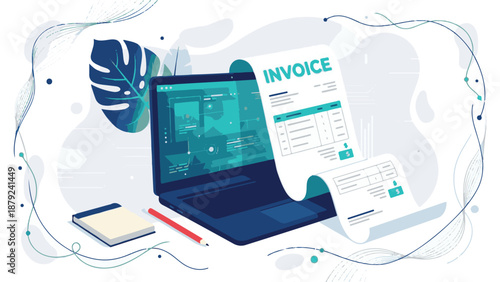 Digital Invoice and Online Accounting on Laptop Screen for Business Finance