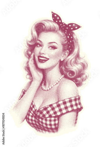 Vintage Pin Up Girl Halftone Illustration isolated on transparent background, Generative AI