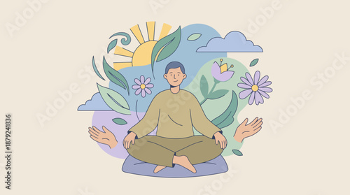 Illustration of a person meditating peacefully in a lotus position, surrounded by natural elements like sun, clouds, leaves, and flowers, promoting mindfulness and well-being.