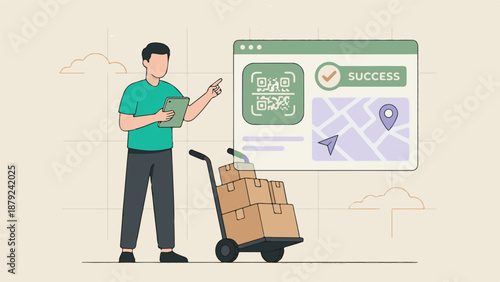 Logistics worker scanning QR code for successful package delivery and tracking