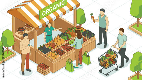 People shopping for fresh organic produce at an outdoor farmer's market stall