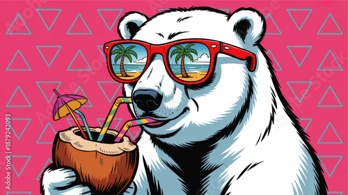 Cool polar bear with sunglasses drinking coconut cocktail, colorful tropical beach reflection, retro summer pop art illustration
