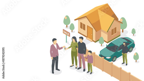 Real estate agent hands house keys to a happy family, new home purchase