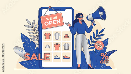 Online store sale promotion with woman holding megaphone and smartphone app