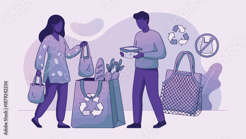 People shopping with reusable bags and containers for an eco-friendly lifestyle