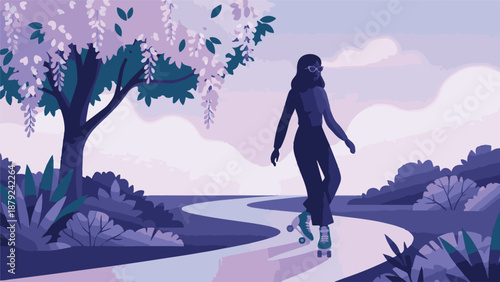 Woman roller skating on a winding park path under blooming wisteria.