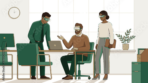 Coworkers in an office using augmented reality glasses for a meeting