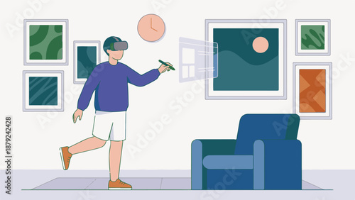 Man in virtual reality headset interacting with digital interface at home
