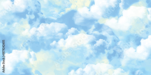  A beautiful clear blue sky background filled with bright white fluffy clouds creates a natural summer atmosphere and heavenly day cloudscape