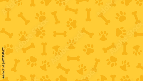 Seamless pattern of golden yellow dog paw prints and bones. Warm monochromatic pet animal wallpaper vector for creative textile, nursery decor, and branding design
