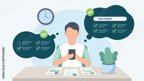 Man Tracking Tasks and Deliveries on Smartphone, Productivity Concept