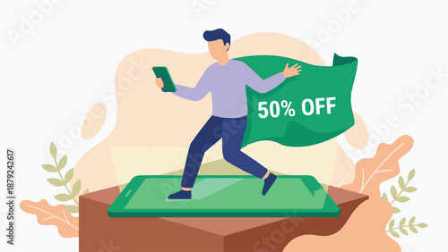 Online Shopping Discount: Man on Tablet Screen with 50% Off Banner