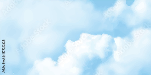 Abstract blue watercolor sky with soft white clouds and bright sunlight creating a calm and airy background
