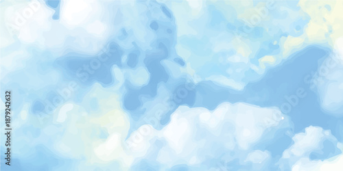 A beautiful clear blue sky background filled with bright white fluffy clouds creates a natural summer atmosphere and heavenly day cloudscape