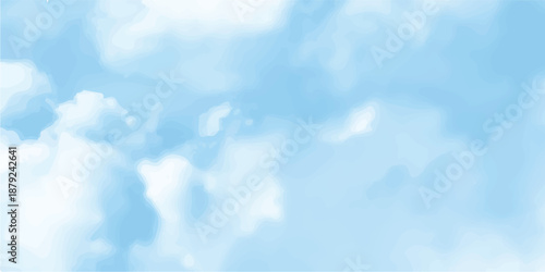 A beautiful clear day features a natural blue sky background with fluffy white cumulus clouds across a sunny summer cloudscape atmosphere