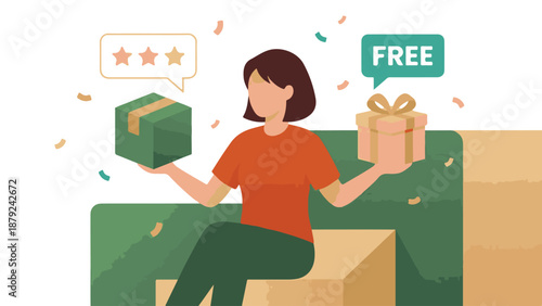 Woman holding gifts representing free offers and customer reviews