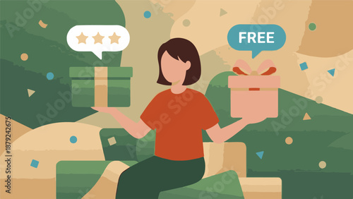 Woman comparing rated gift versus free gift, concept of choice and value