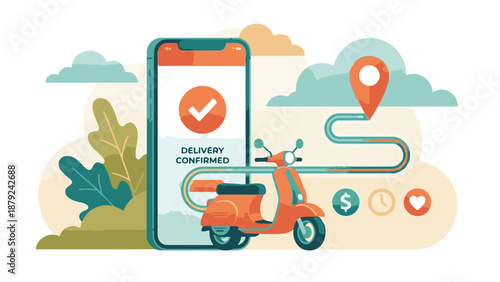 Digital illustration of confirmed delivery via mobile app and scooter