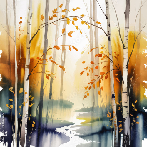 Autumn birch forest watercolor landscape with golden foliage, misty river path and serene nature background illustration