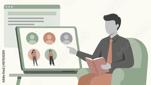 Man using laptop for virtual meeting or online learning with profile icons