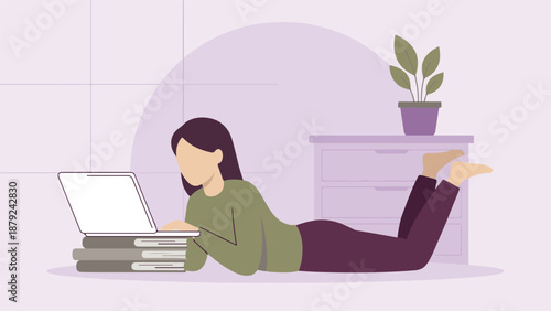 Woman lying on floor using laptop on books at home, remote work or study
