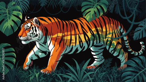 Vibrant tiger double exposure sunset landscape in tropical jungle foliage on black background, colorful wildlife illustration art