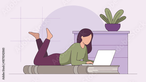 Woman lying on books, using laptop for remote work or study at home