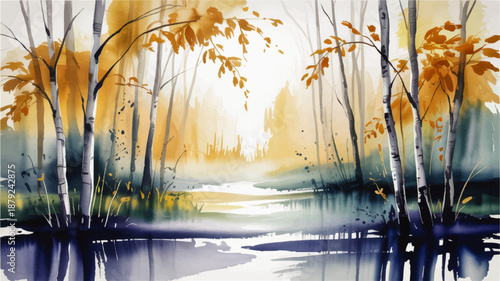 Autumn birch forest landscape with river reflection, golden foliage and watercolor painting style serene nature background